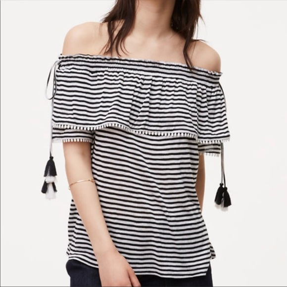 LOFT Striped Pom Pom Off the Shoulder Top NWT - Picture 2 of 8